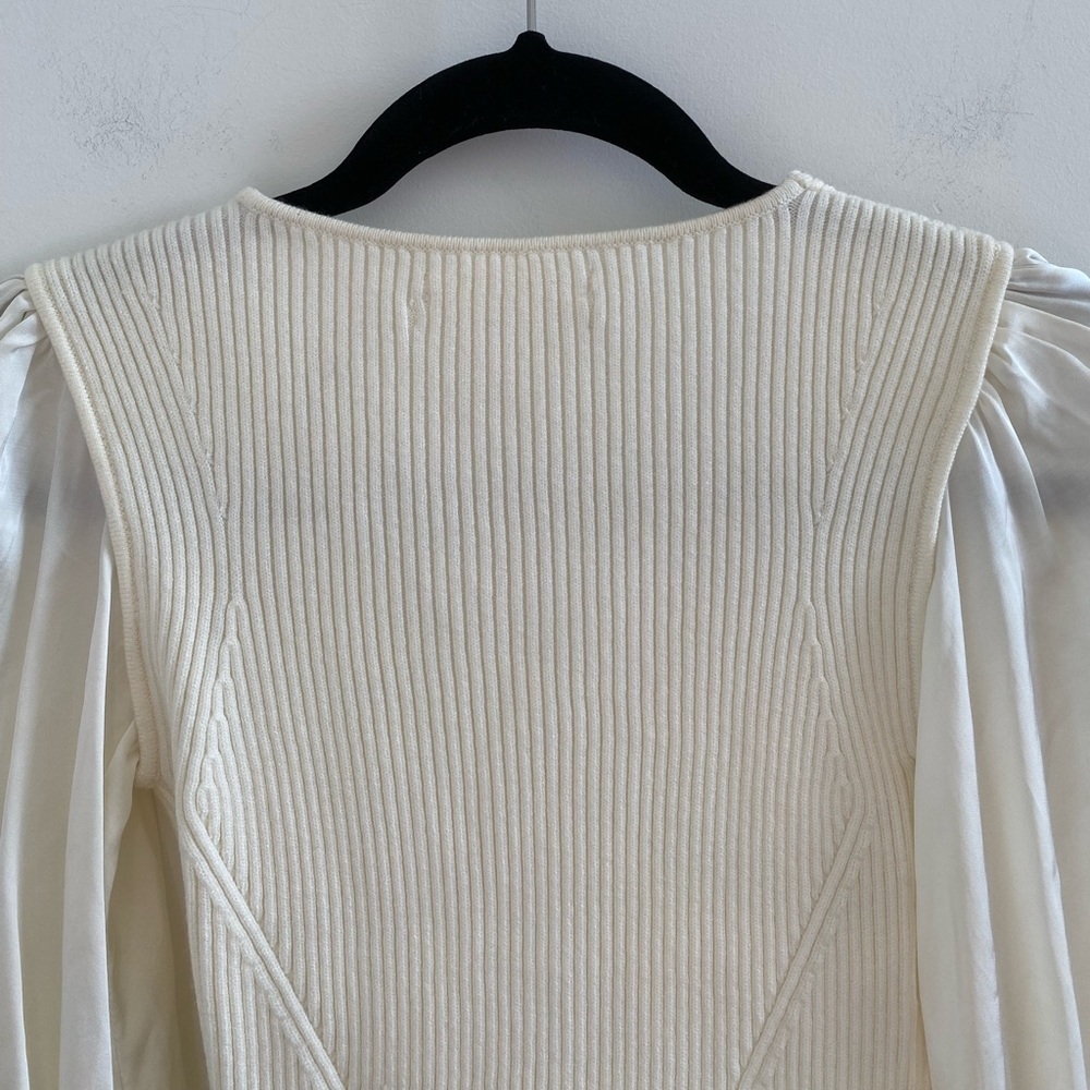 Anthropologie Ivory Twofer Faux Wrap Sweater With Satin Balloon Sleeves Size XXS - Picture 10 of 10